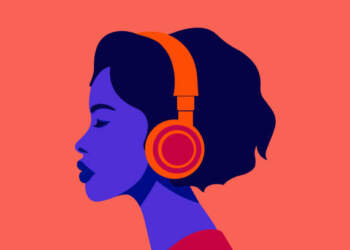 Music therapy. Girl listens to music in headphones.