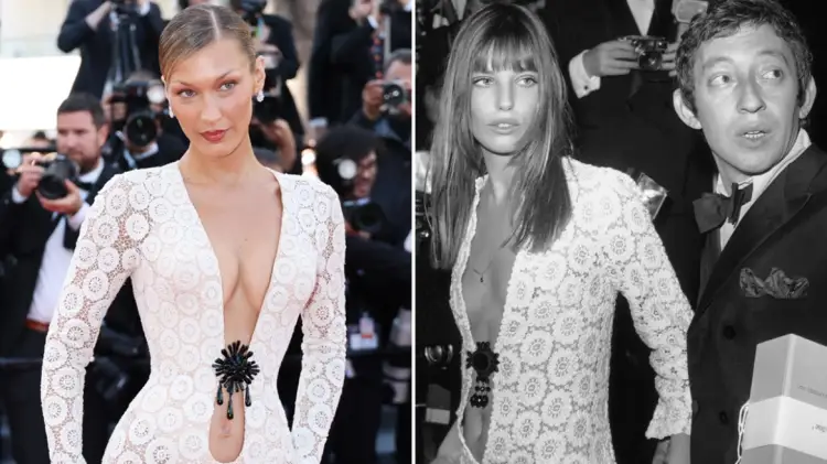 Bella Hadid në Kanë me një fustan të frymëzuar nga pamja e Jane Birkin në vitin 1969